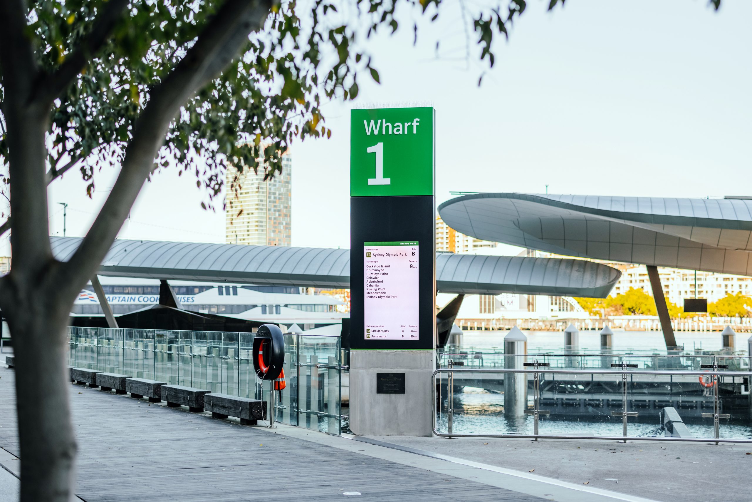 A 4PIDS screen installed at Barangaroo Ferry Wharf 1.