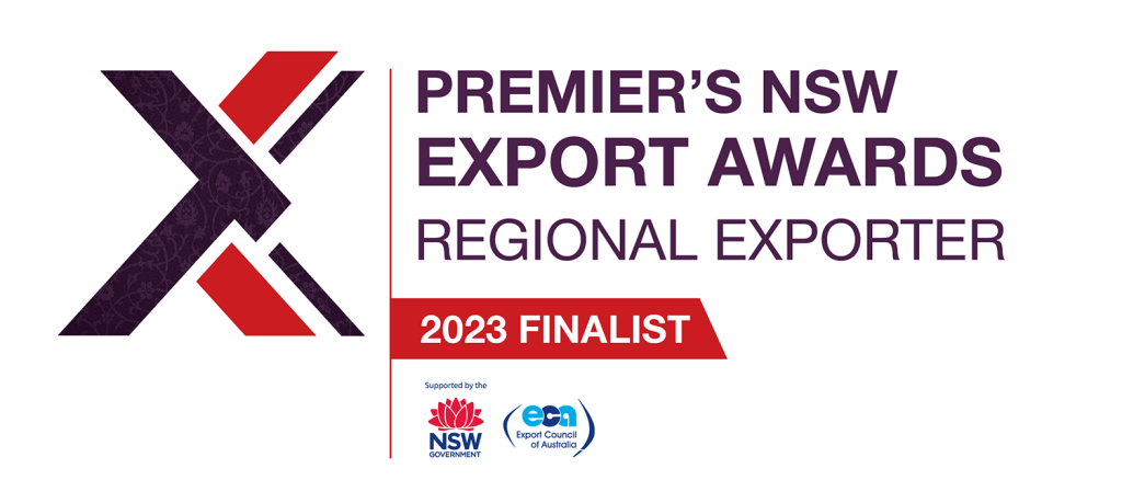 A finalist badge for the 2023 Premier's NSW Export Awards.