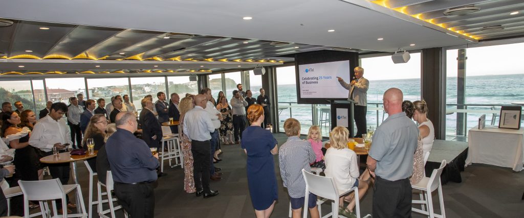 Founder Derel Wust addresses staff, clients, colleagues and friends at 4Tel's 25 year celebration event.